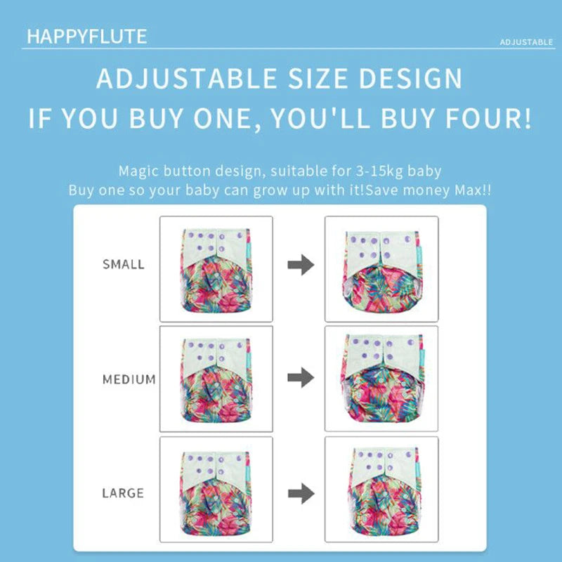 Happyflute Onesize Diapers Panties Washable Reusable Eco-Friendly Baby Diapers for Children Fit 3-15kg Baby