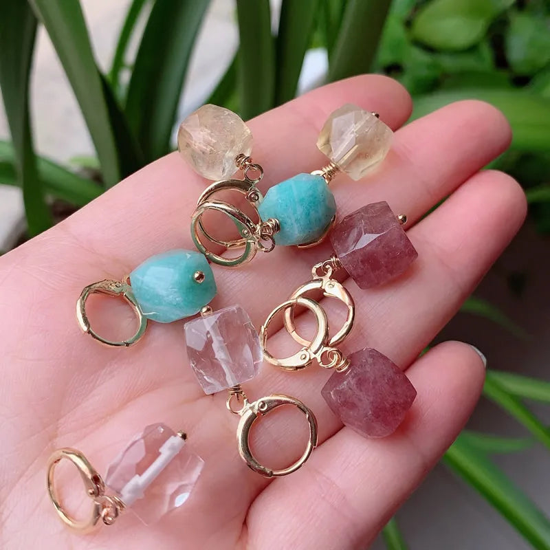 Natural Quartz Stone Earring Cute Small Circle Ear Loop Square Drop Amethysts Citrines Amazonite Clear Crystal Earring for Women