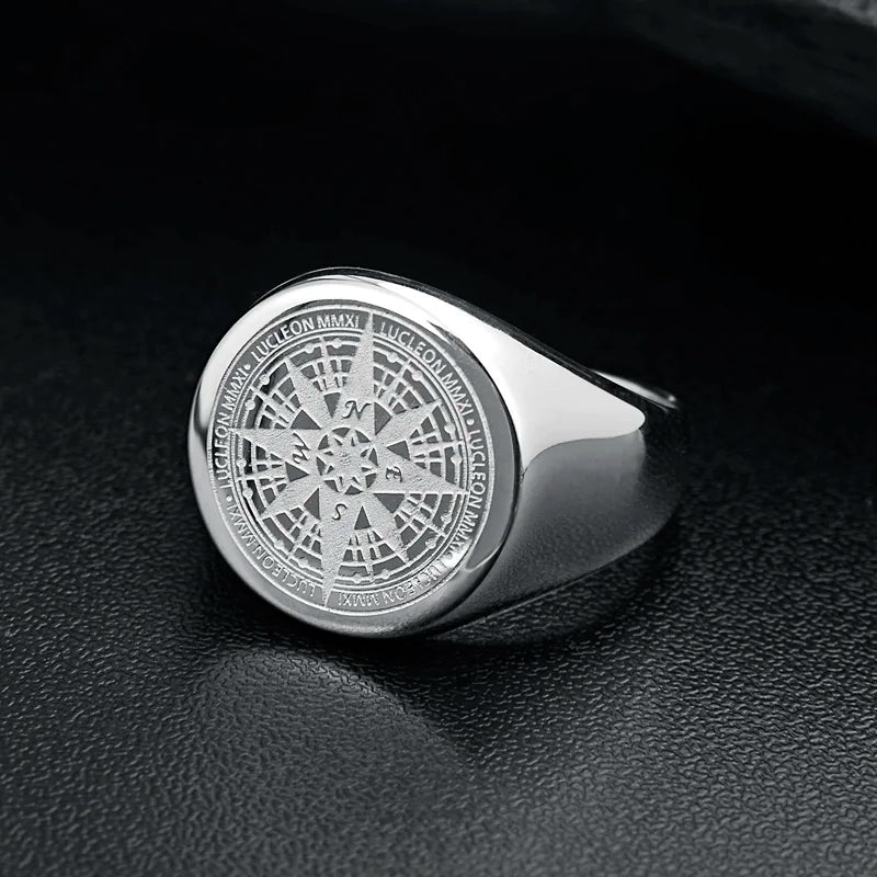 Men's Signet Ring Round Engrave Compass Ring for Men Women Stainless Stainless Simple Silver Tone Rings Jewelry Drop Shipping