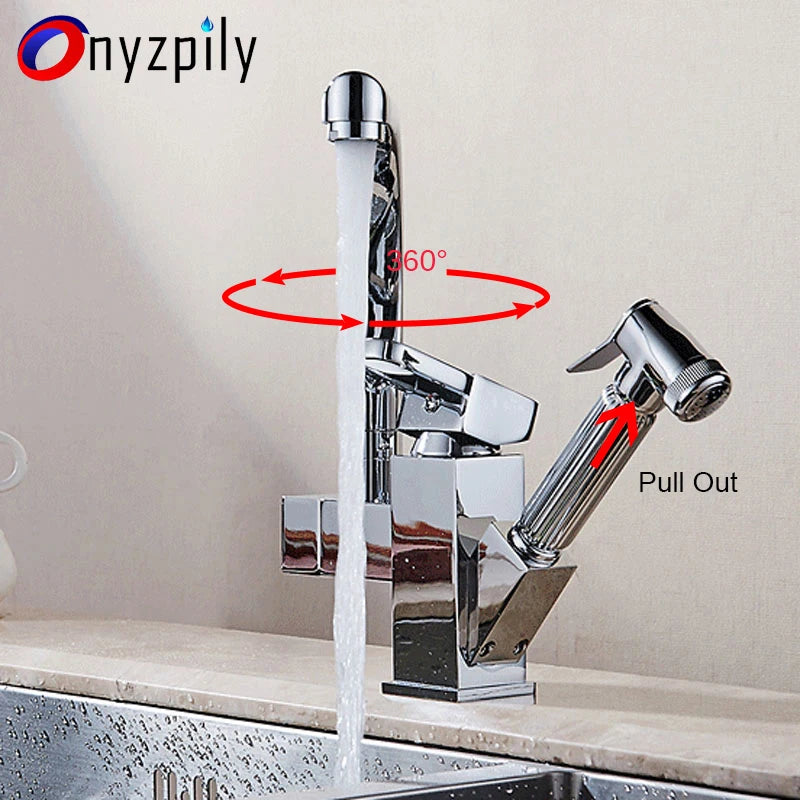 Onyzpily Kitchen Faucet Chrome Led Pull Out Kitchen Tap Hot&Cold Mixer Tap 2 Waterway 360 Swivel Deck Mounted torneira de cozinh