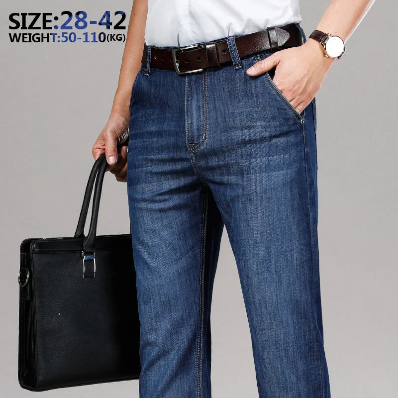 High Quality Cotton Men's Jeans Classic Brand Business Loose Straight Denim Black Pants Work Trousers Male Large size 35 40 42