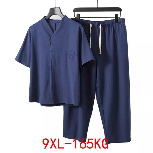 Large Size Men's Clothing Vintage Tracksuit Husband 2021 Summer Blue Home Suit Linen T Shirt Fashion Male Set Chinese 8XL 9XL