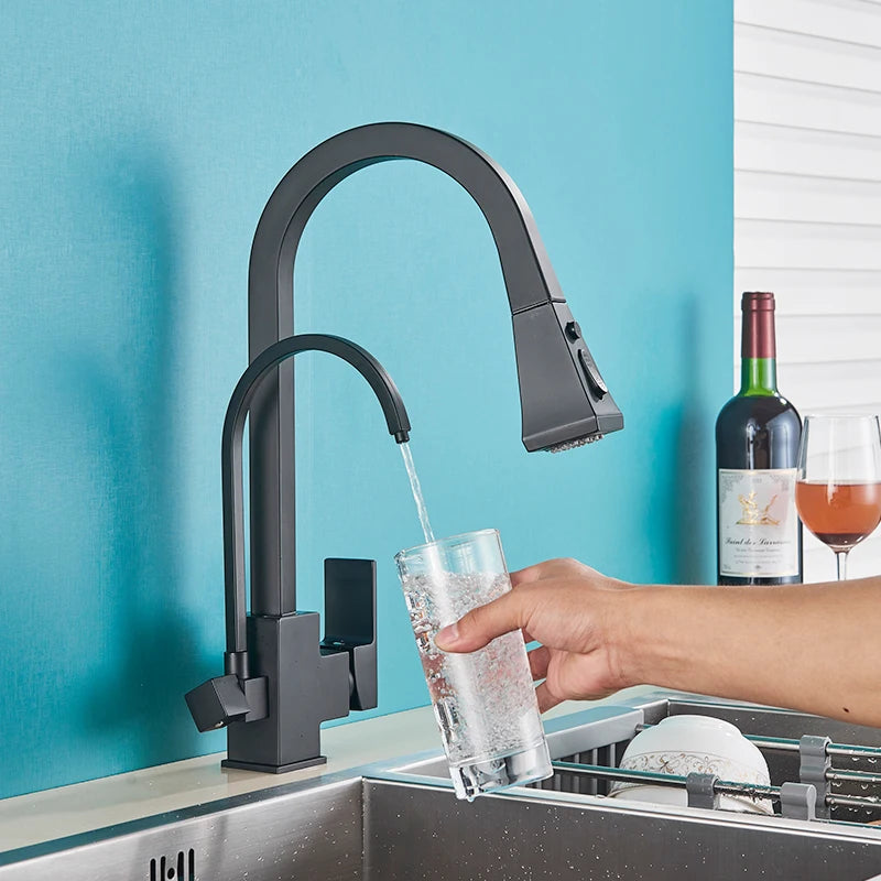Quyanre Matte Black Square Filtered Kitchen Faucet Pull Out 360 Rotation Hot Cold Water Crane For Kitchen Drinking Water Taps
