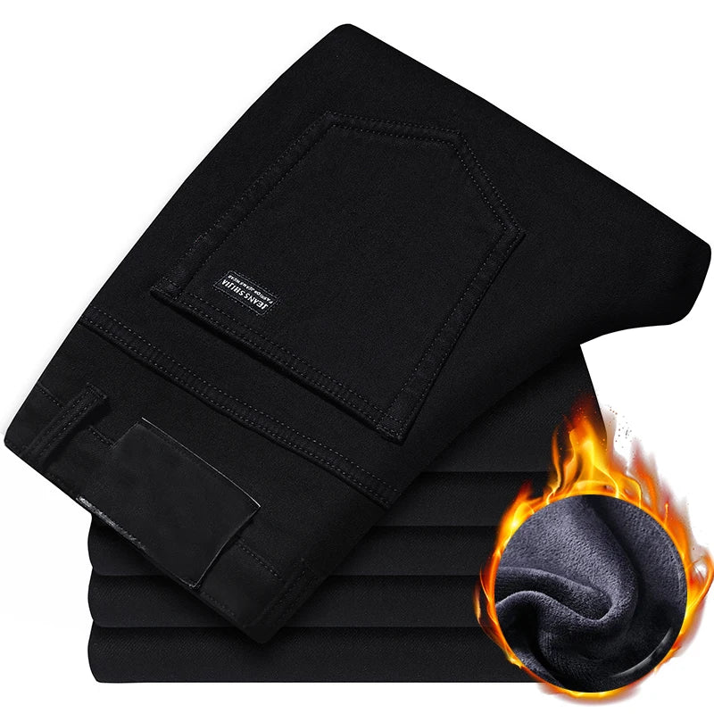 Fleece Warm Men's Jeans 2022 New Straight Winter Classic Business Casual Thickening Elastic Brand Pants Blue Black Jeans