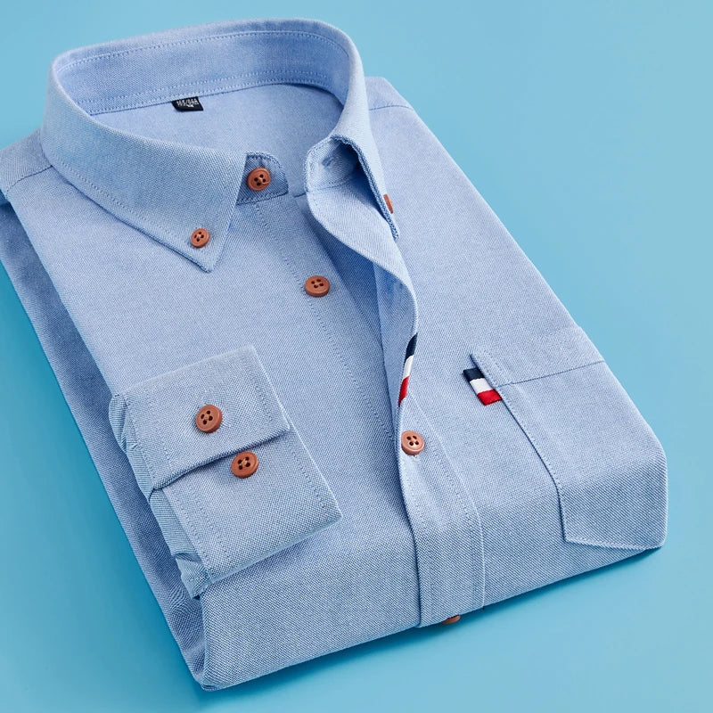 Men's clothing Casual Solid Oxford Dress  White Shirt Single Patch Pocket Long Sleeve Regular-fit Button-down Thick Shirts