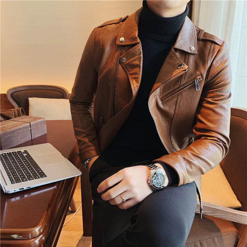 New Style Men's Spring Leisure Locomotive Leather Jacket/Male Slim Fit Fashion Short  Leather Coat/Men's Clothing BomberS-3XL