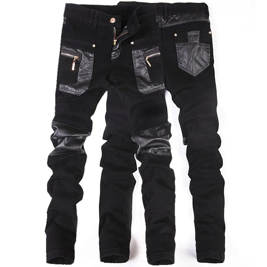 New Fashion Men Leather Pants Patchwork Casual Skinny Men's Motorcycle Jeans High Quality Men's Slim Trousers Jeans Size 28-36