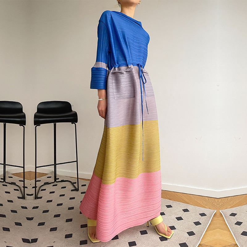 Color Matching Pleated Bell Sleeve Dress Fashion Gradient