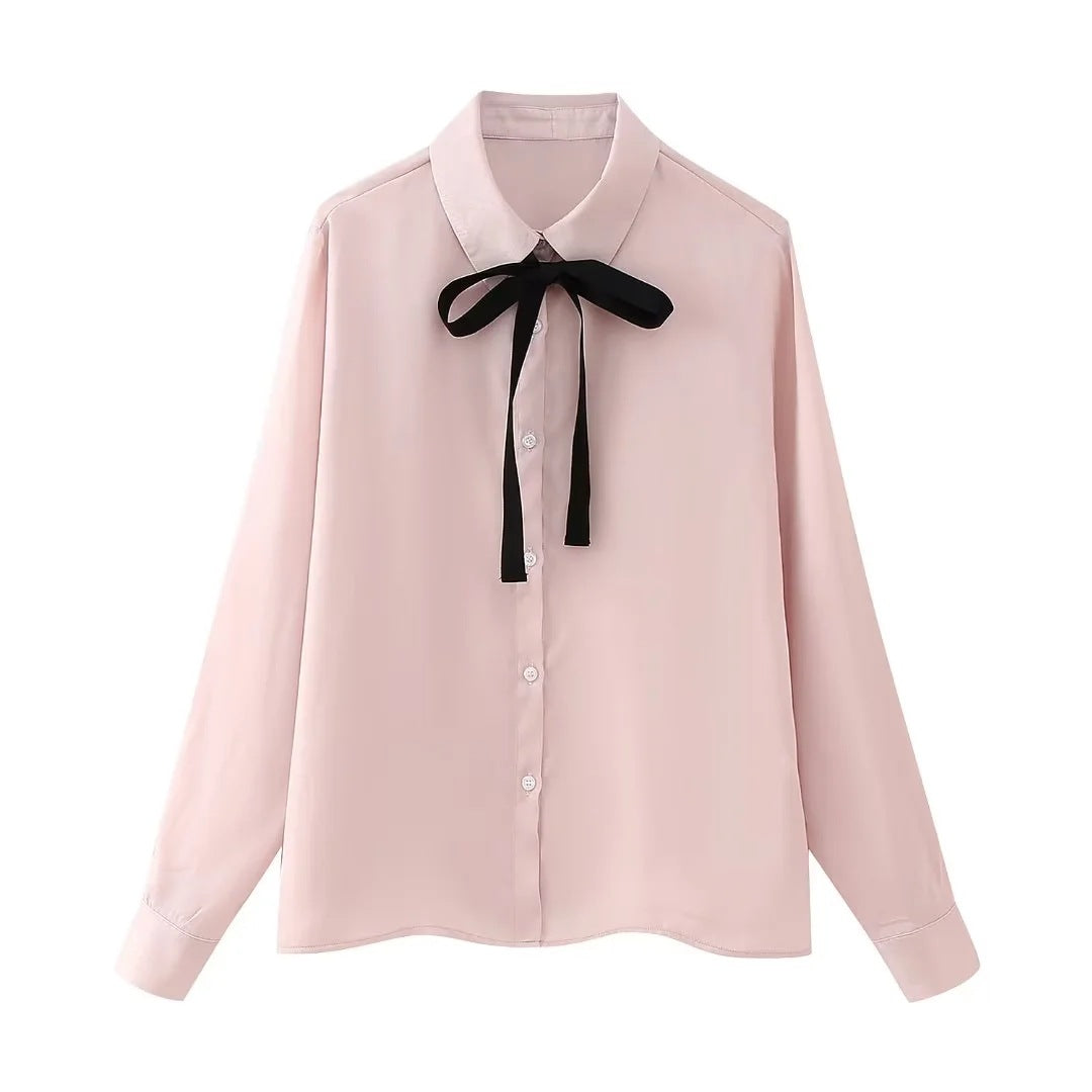 Bowknot Decoration Silk Satin Textured Shirt