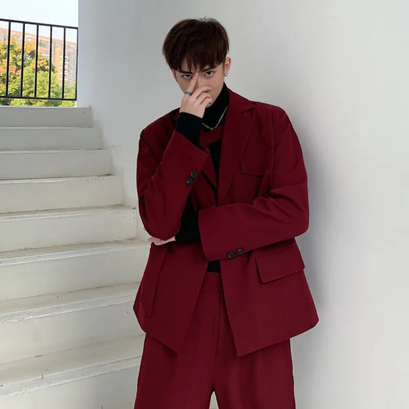 IEFB Niche Men's Clothing Red Irregular Tie fit Blazers Loose Jacket + Casual Suit Pants 2023 Autumn New Set 9Y52703