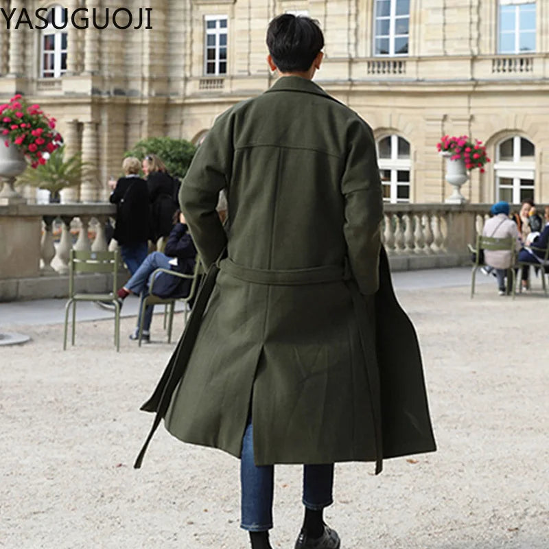 YASUGUOJI Cardigans Blends Coat with Belt Overcoat Male Winter Coat New Black Turn-down Collar Long Coat Men's Clothing