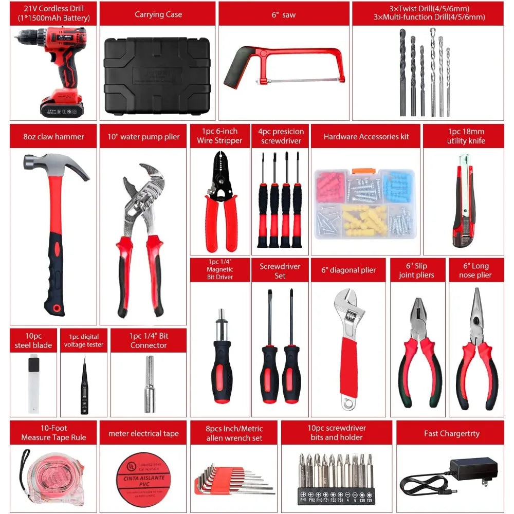 jar-owl Powerful Brushless Motor 21V Cordless Drill Set, 319 in-lb Torque, 0-1350RMP Variable Speed, 10MM 3/8''