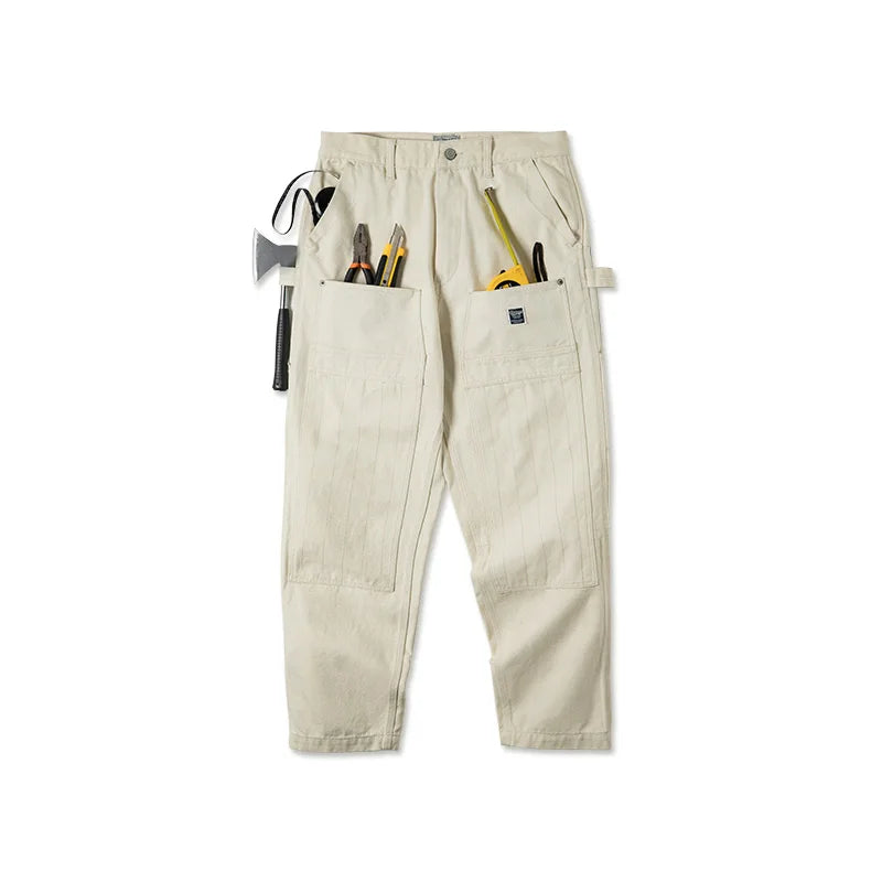 Maden 2023 Japanese Korean Style Vintage Loose Jeans Washed Straight Multi-Pocket Men's Cargo Pants Streetwear Carpenter Trouser