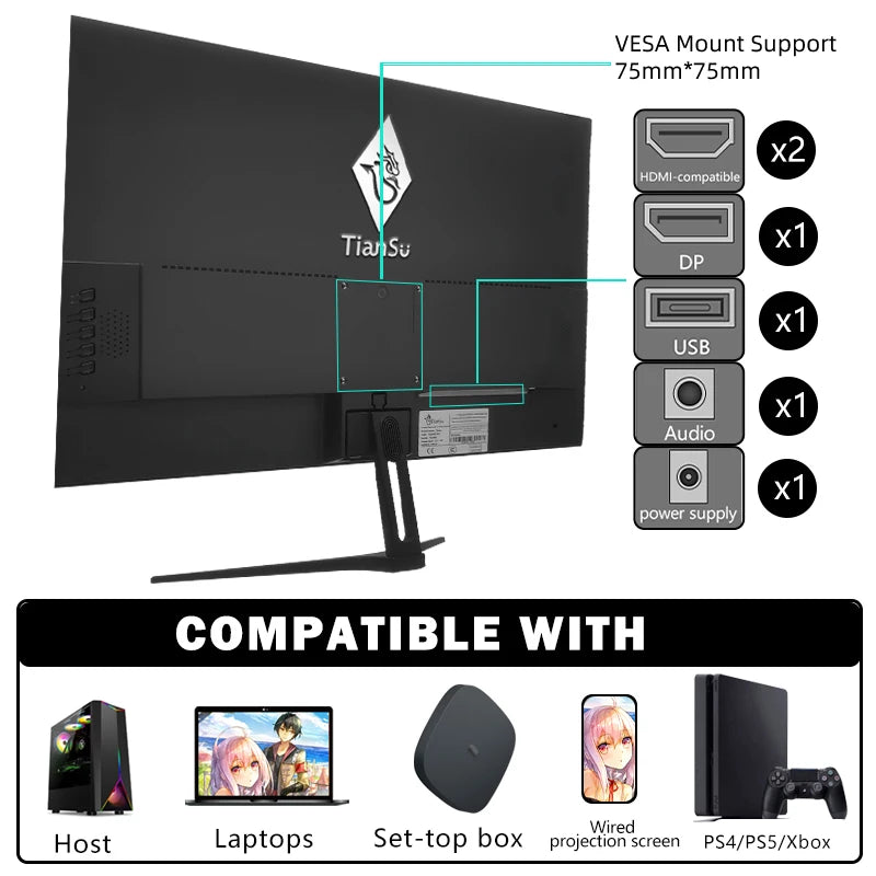 Tiansu 24inch QHD Gaming Monitor 165Hz 2K Flat Screen Display for PC 144Hz 100% sRGB IPS Computer Gamer Monitors HDMI