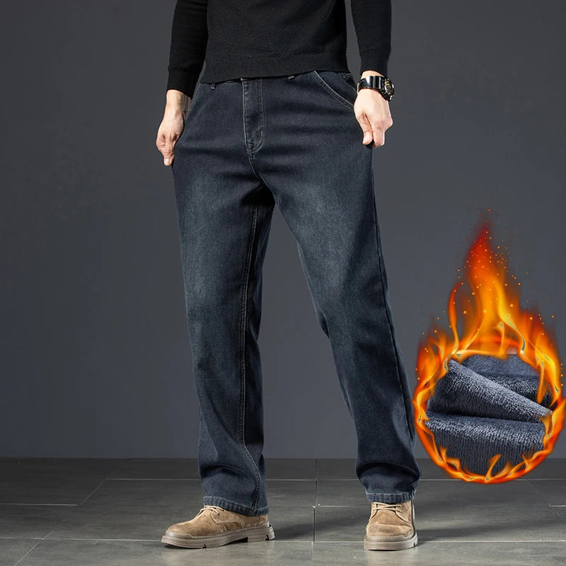 New Winter Men's Velvet Nostalgic Straight Jeans High Quality Thickened Warm Denim Pants Male Brand Loose Trousers