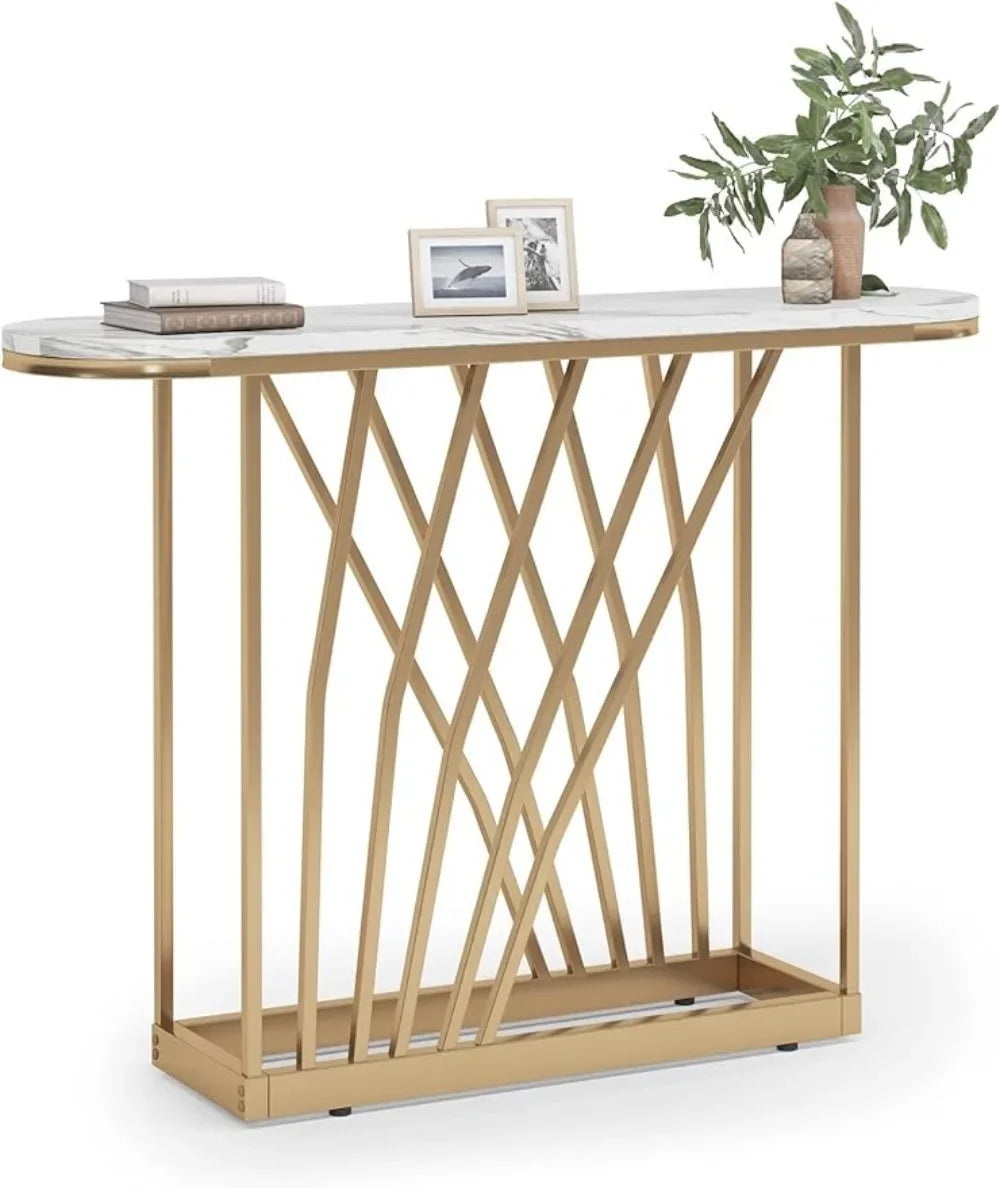 Modern Console Table, 43 in White Faux Marble Sofa Table Behind Couch, Wood Hallway Foyer Table for Entrance, Narrow Entryway