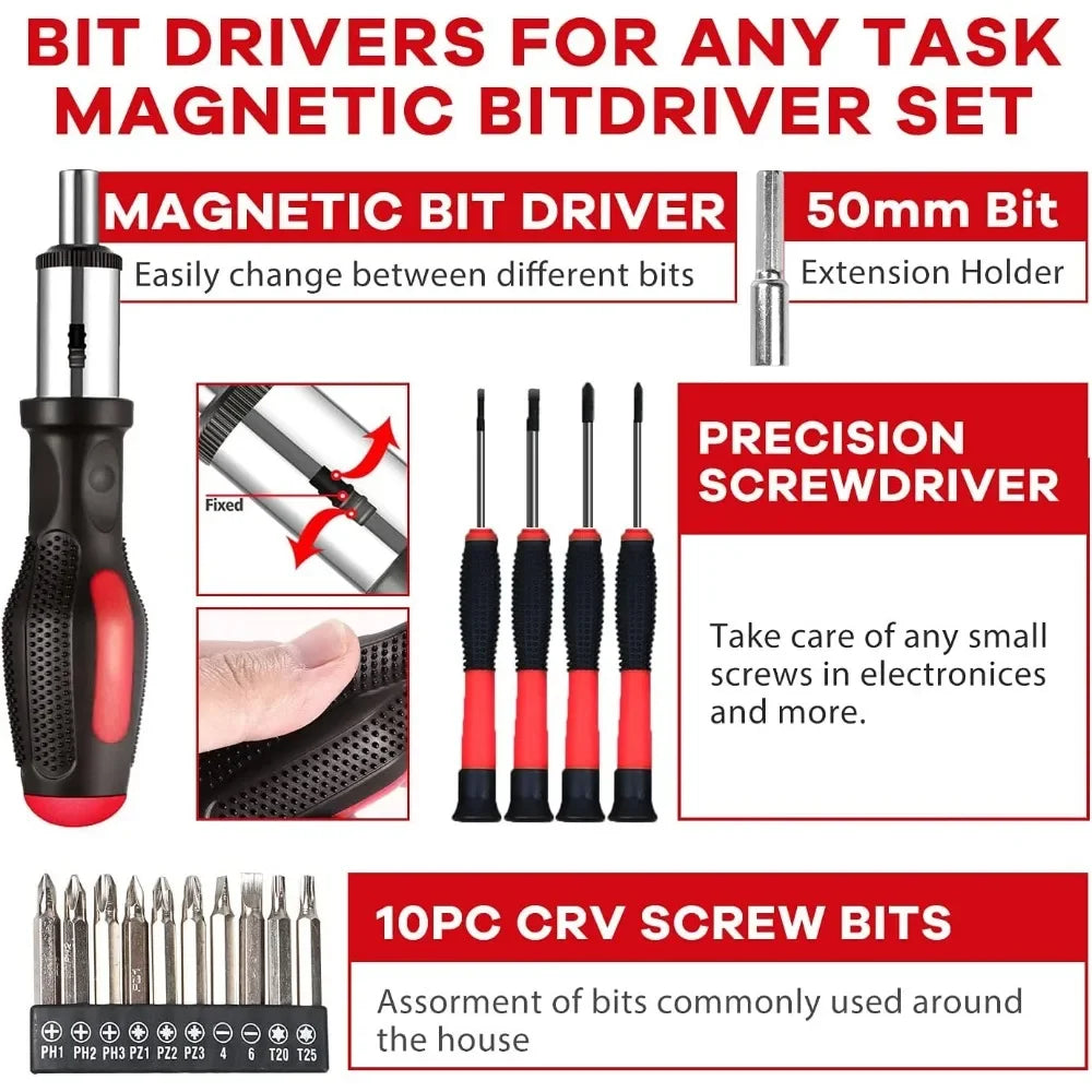 Tool Set With Drill and 112pcs Household Hand Tool Kit for Daily Home Repair Diy Tools Professional Brushless Red