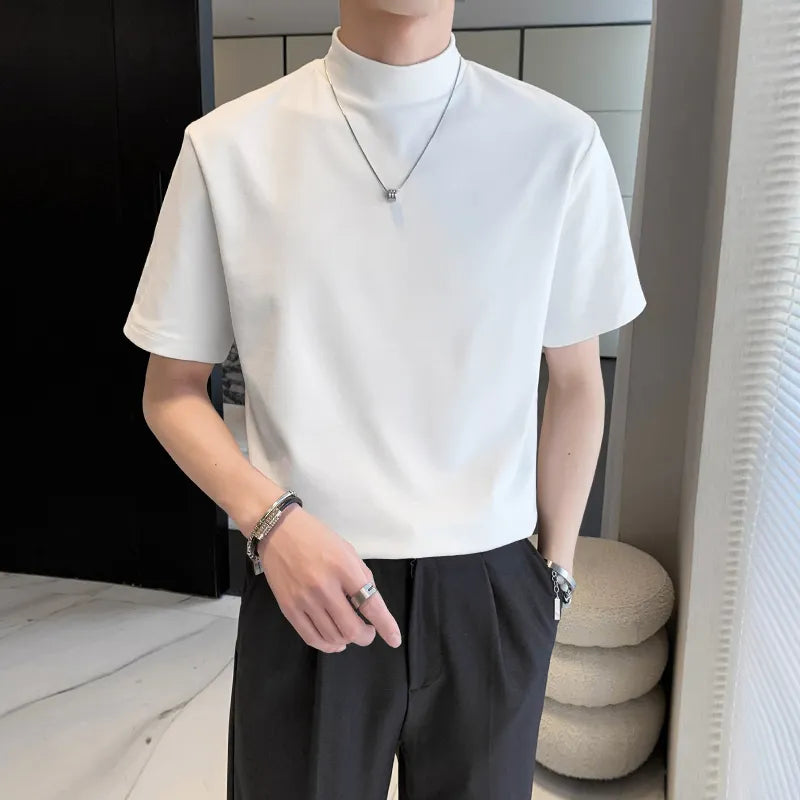 T Shirt For Men All Match Solid Turtleneck Slim Fit Casual Short Sleeve T-Shirts High Neck Men's clothing Comfortable 7Colors