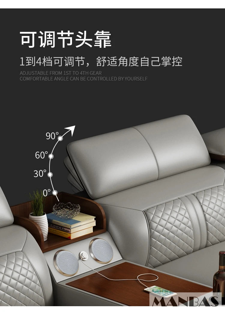Stylish Italian Genuine Leather Sofa for Living Room with Cup Holder, USB, Adjustable Headrests & Bluetooth Speaker - MANBAS