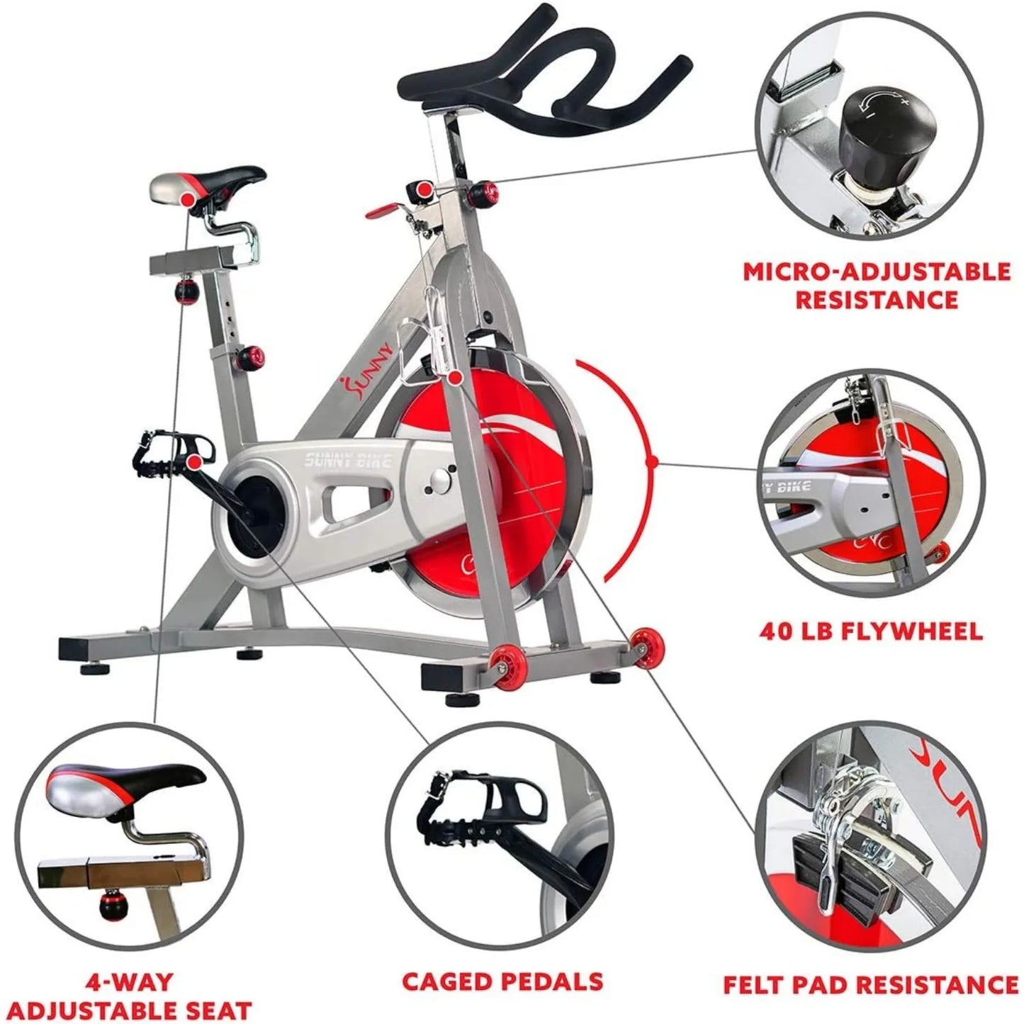 Indoor Cycling Exercise Bike with Magnetic/Felt Resistance and Belt/Chain Drive Optional Bluetooth Connectivity w/ SunnyFit® App