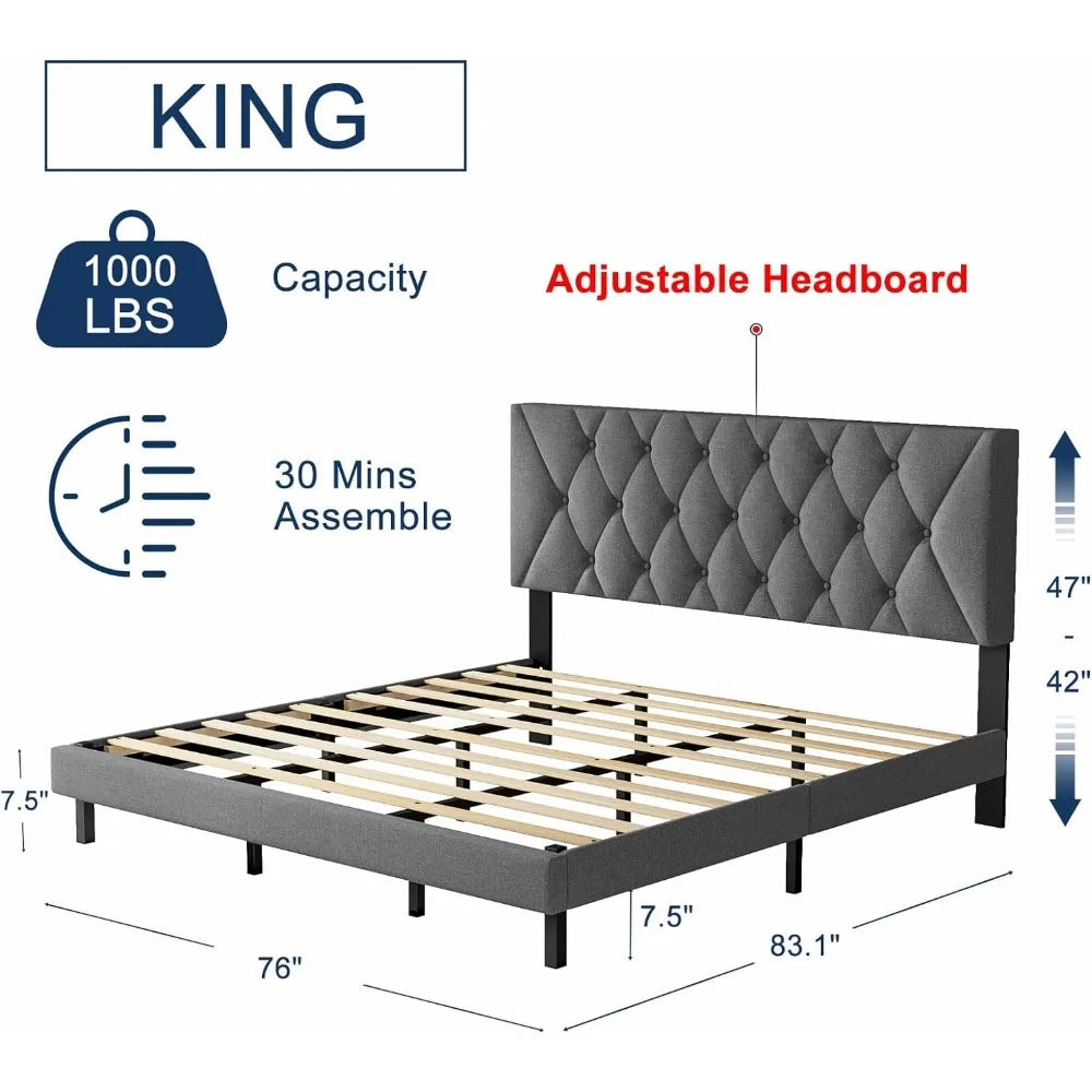 king size bed frame,with adjustable headboard,Sturdy frame and wooden slat supports,Non-slip and noiseless, linen fabric wrap