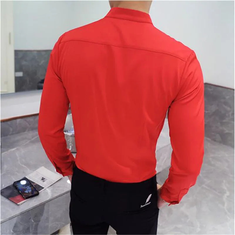 Mens Long Sleeve Shirt High Quality Stand Collar Casual Slim Solid Color Summer Fashion Men's Clothing Shirt Oversized Size 5XL