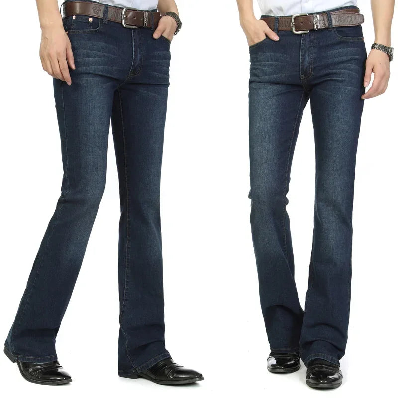 2023 New Men's Business Casual Pants Male Mid Waist Elastic Slim Boot Cut Semi-Flared Four Seasons Bell Bottom Jeans 26-38