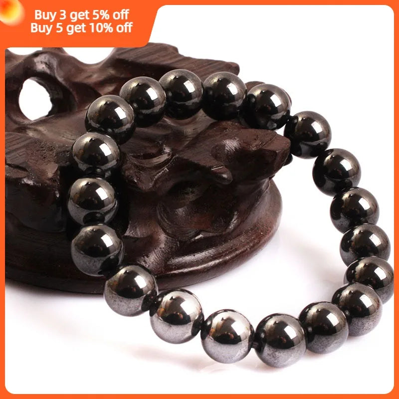 Magnetic Bracelet Beads Hematite Stone Therapy Health Care Magnet Round Hematite Beads Bracelet For Men's Jewelry Gifts 7 inch