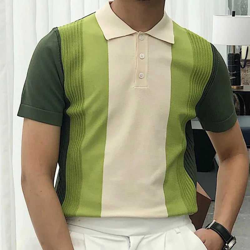 Men's Shirts, Polo Shirts, Classic Slim Golf Wear, Short Sleeve Tee Vintage Stripe Lapel Collar Knit Shirt, Manly Men's Clothing
