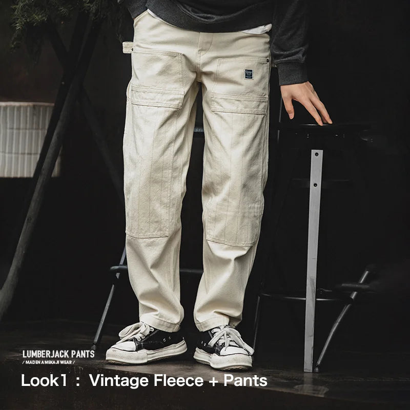 Maden 2023 Japanese Korean Style Vintage Loose Jeans Washed Straight Multi-Pocket Men's Cargo Pants Streetwear Carpenter Trouser