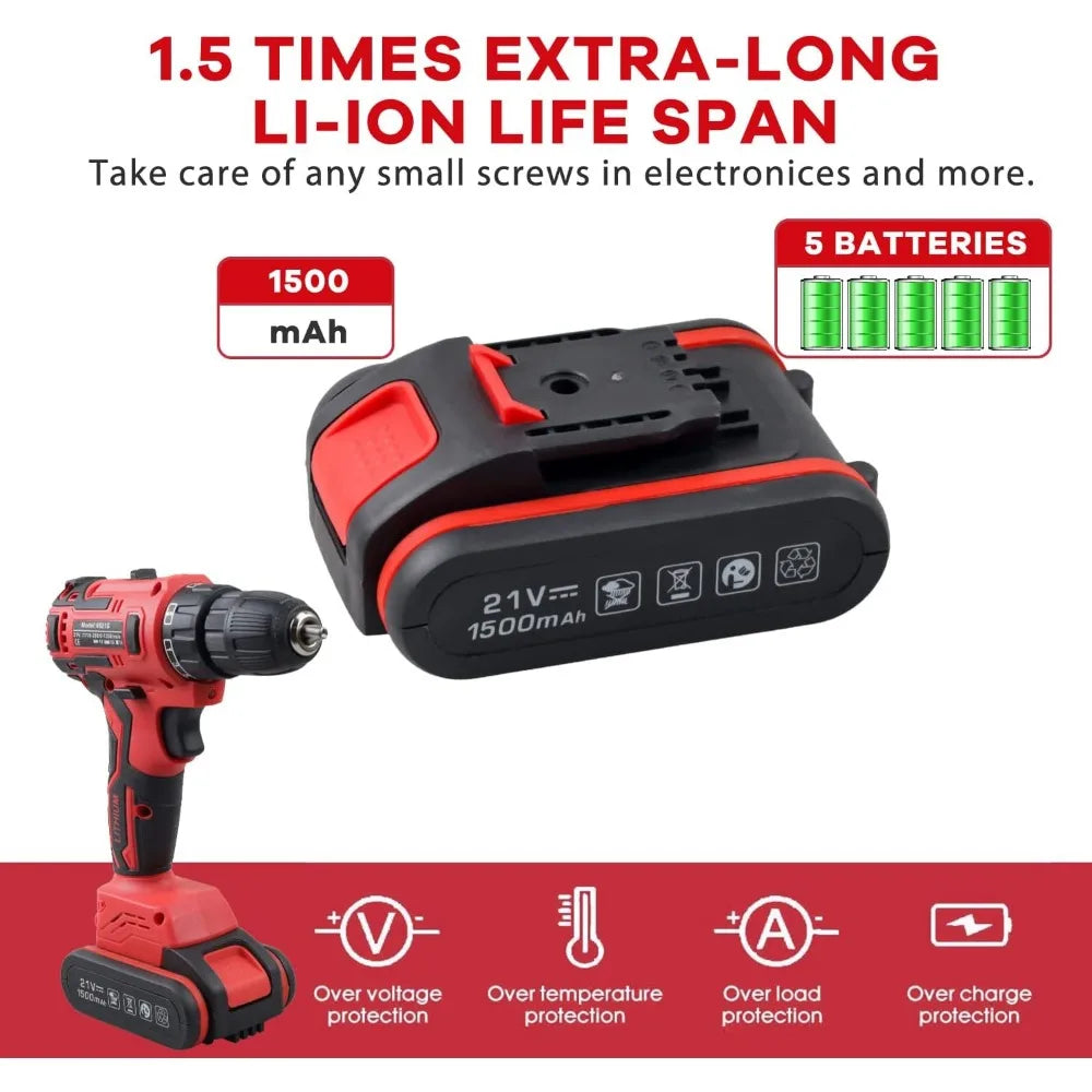 jar-owl Powerful Brushless Motor 21V Cordless Drill Set, 319 in-lb Torque, 0-1350RMP Variable Speed, 10MM 3/8''