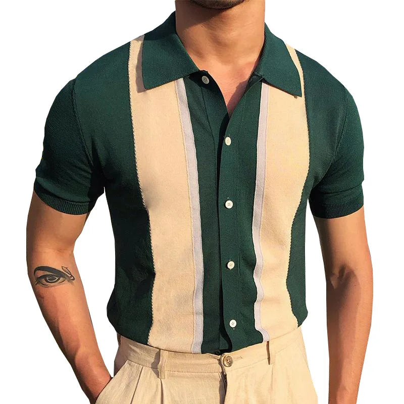 Men's Shirts, Polo Shirts, Classic Slim Golf Wear, Short Sleeve Tee Vintage Stripe Lapel Collar Knit Shirt, Manly Men's Clothing