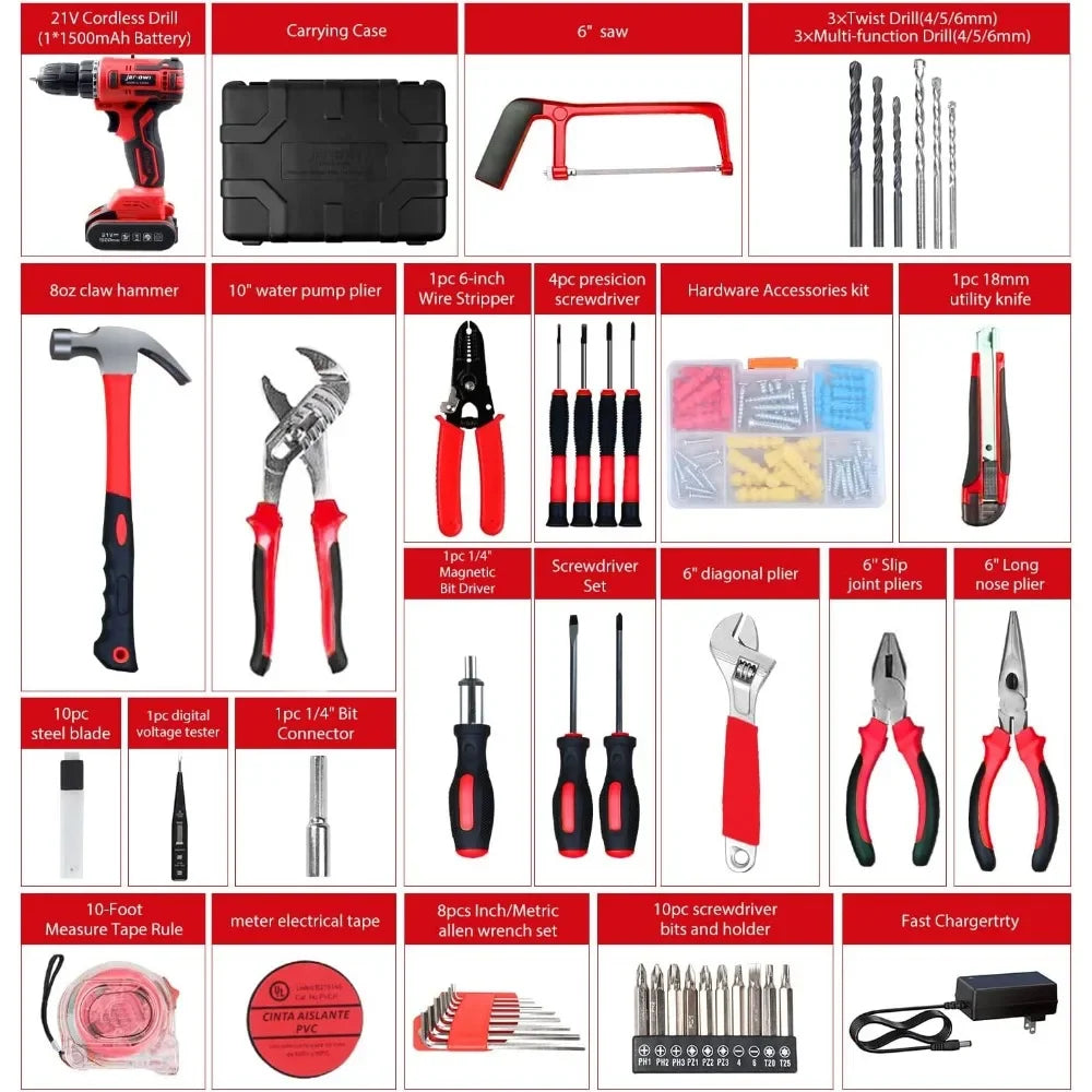 Tool Set With Drill and 112pcs Household Hand Tool Kit for Daily Home Repair Diy Tools Professional Brushless Red