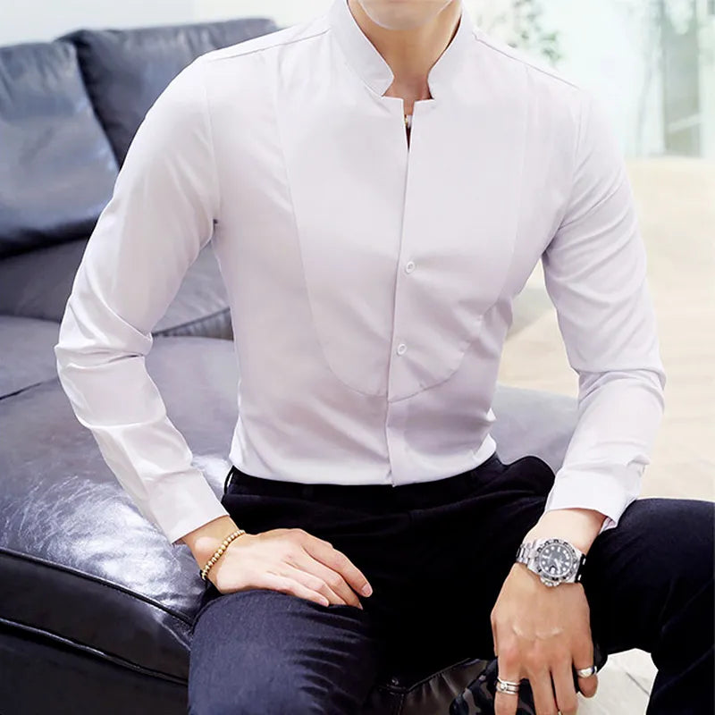 Mens Long Sleeve Shirt High Quality Stand Collar Casual Slim Solid Color Summer Fashion Men's Clothing Shirt Oversized Size 5XL