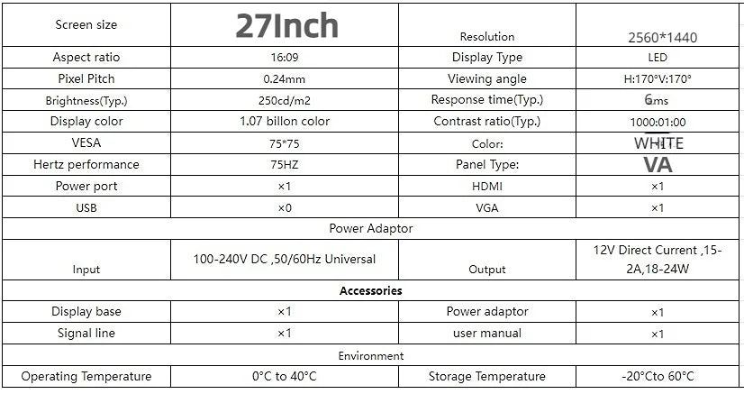 ASUSHOM 27 Inch 144HZ/165HZ Monitor Display Curved Screen Computer Monitor PC 2K HD Gaming HDMI 27 Flat Panel Portable Monitor