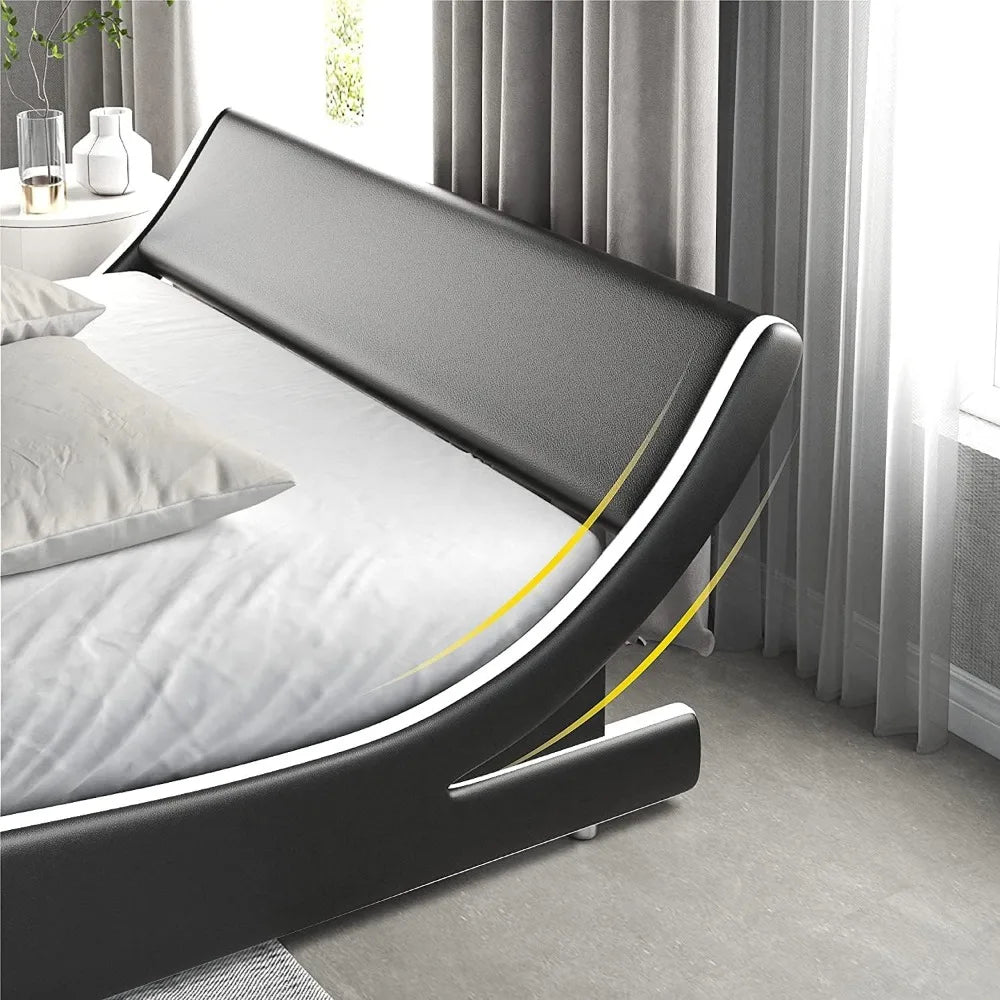 Upholstered queen platform bed frame modern low-profile sleigh bed with faux leather headboard for easy assembly