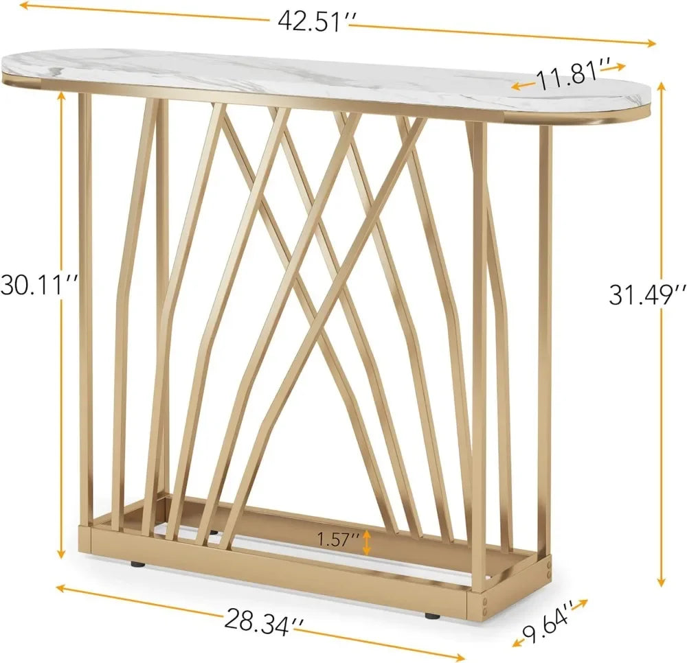 Modern Console Table, 43 in White Faux Marble Sofa Table Behind Couch, Wood Hallway Foyer Table for Entrance, Narrow Entryway