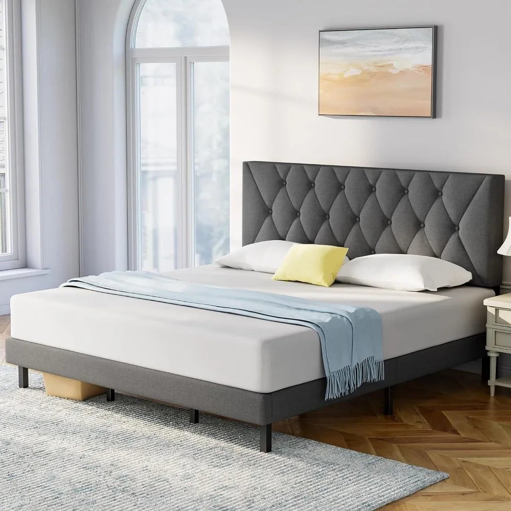 king size bed frame,with adjustable headboard,Sturdy frame and wooden slat supports,Non-slip and noiseless, linen fabric wrap