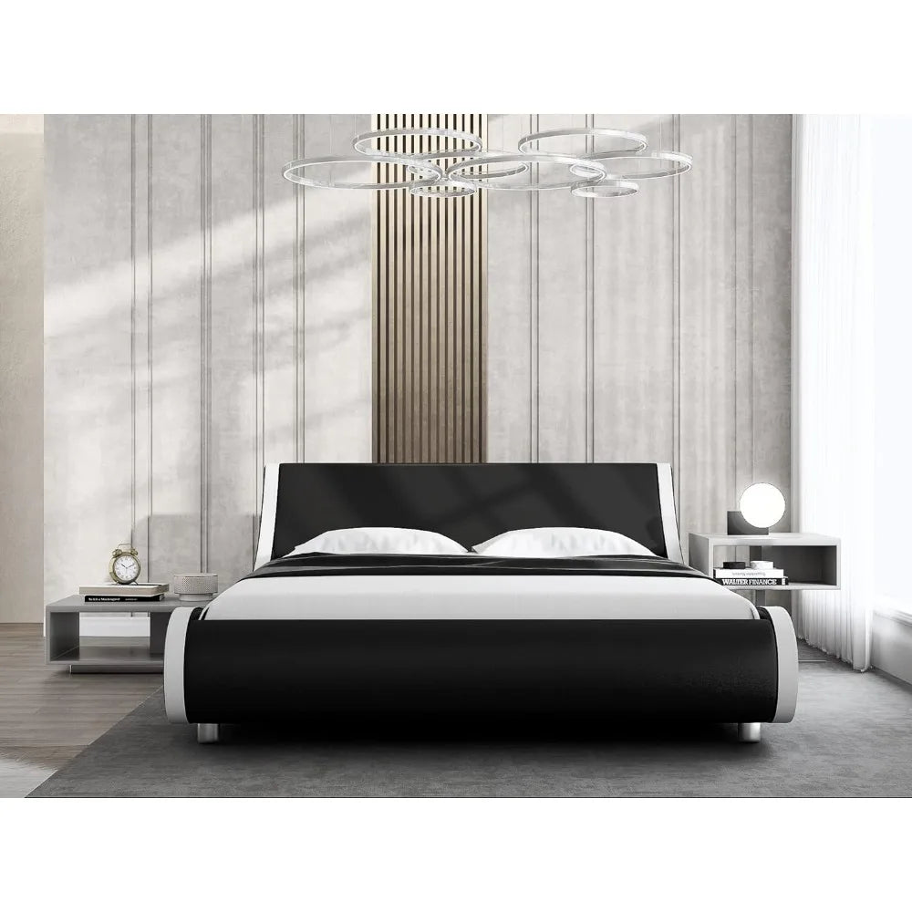 Upholstered queen platform bed frame modern low-profile sleigh bed with faux leather headboard for easy assembly