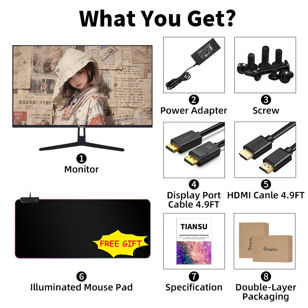 Tiansu 24inch QHD Gaming Monitor 165Hz 2K Flat Screen Display for PC 144Hz 100% sRGB IPS Computer Gamer Monitors HDMI