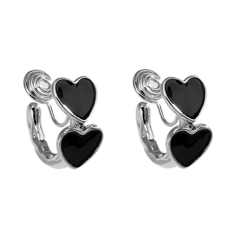 Retro Black Enamel Heart Shaped Hoop Mosquito Coil Clip on Earrings Without Ear Hole Punk Cold Wind Temperament Ear Clip Jewelry