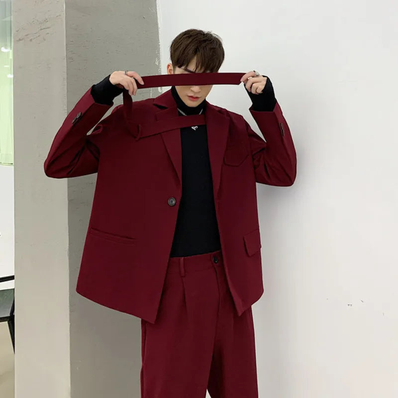 IEFB Niche Men's Clothing Red Irregular Tie fit Blazers Loose Jacket + Casual Suit Pants 2023 Autumn New Set 9Y52703