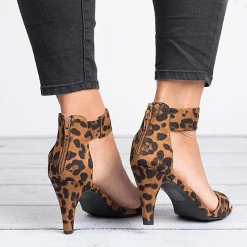 Comemore 2022 Women Sandals Summer Shoes High Heels Shoe Ankle Strap Female Thin Heel Zip Plus Size 43 Leopard New Black Pumps