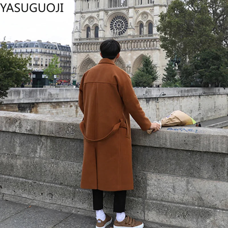 YASUGUOJI Cardigans Blends Coat with Belt Overcoat Male Winter Coat New Black Turn-down Collar Long Coat Men's Clothing