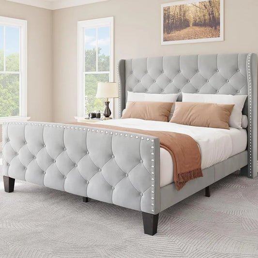 Platform Bed With Velvet Headboard & Footboard No Box Spring Needed King Size Bed Frame Full Grey Bedroom Furniture Queen Frames