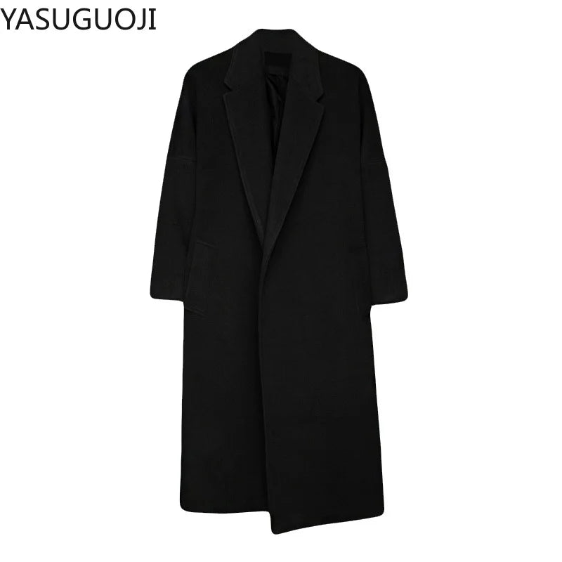 YASUGUOJI Cardigans Blends Coat with Belt Overcoat Male Winter Coat New Black Turn-down Collar Long Coat Men's Clothing