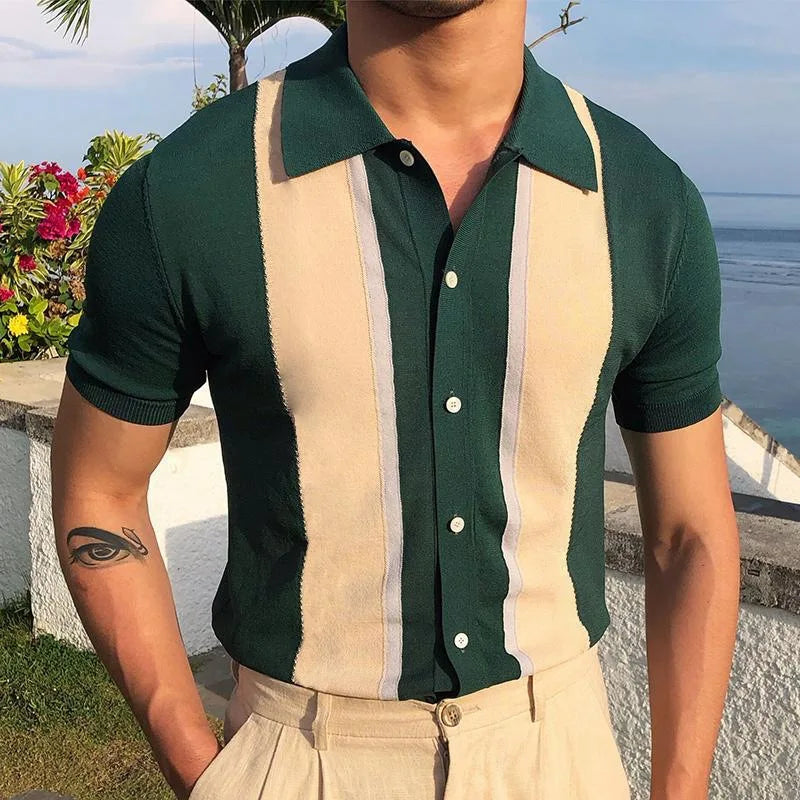 Men's Shirts, Polo Shirts, Classic Slim Golf Wear, Short Sleeve Tee Vintage Stripe Lapel Collar Knit Shirt, Manly Men's Clothing