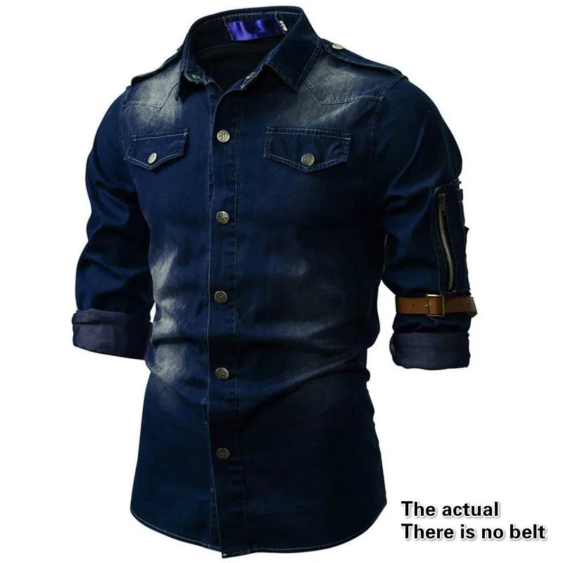 2023 New Men's Denim Turn-down Collar Shirt Coat Fashion Casual Daily Multi Pocket Button Shirt Thin Slim Men's Clothing