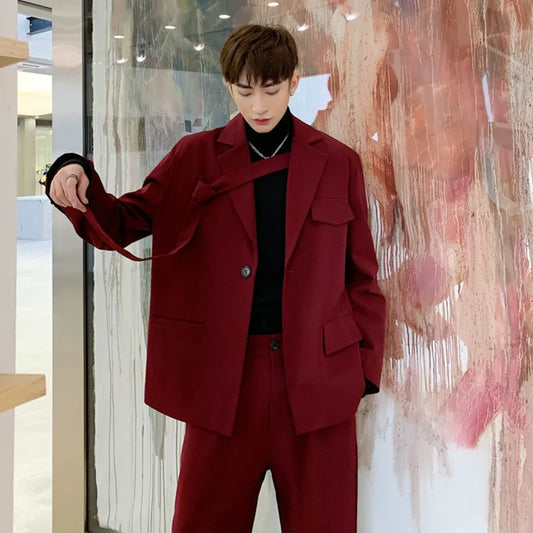 IEFB Niche Men's Clothing Red Irregular Tie fit Blazers Loose Jacket + Casual Suit Pants 2023 Autumn New Set 9Y52703
