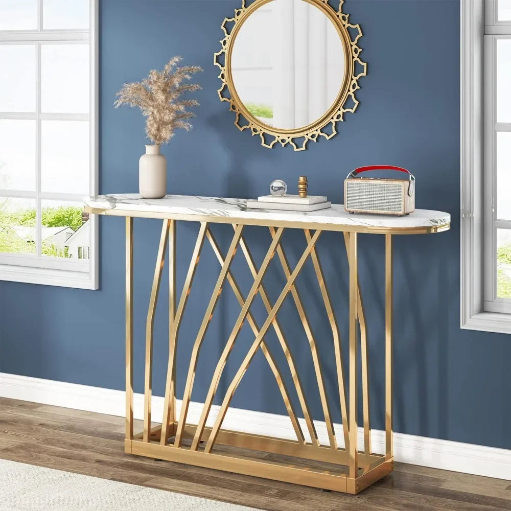 Modern Console Table, 43 in White Faux Marble Sofa Table Behind Couch, Wood Hallway Foyer Table for Entrance, Narrow Entryway